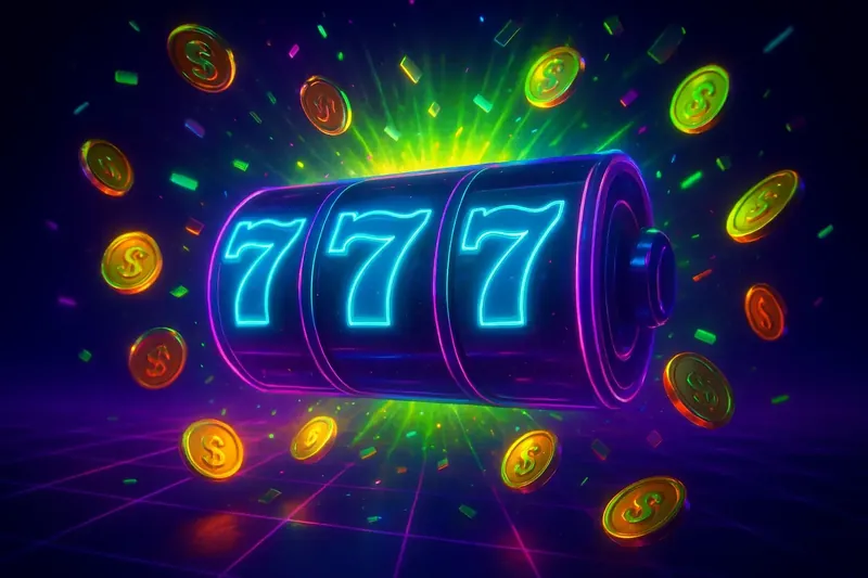 Jackpot Win Explosion Glowing slot reels with massive win, coins and confetti bursting outward