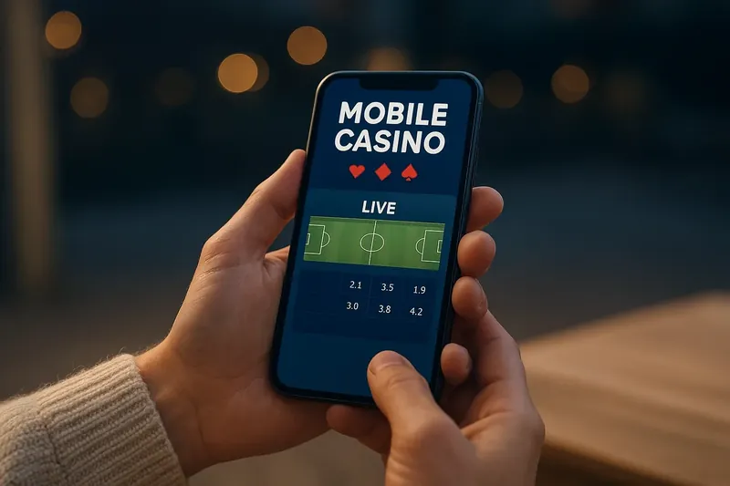 Hands holding smartphone with mobile casino interface and live match odds