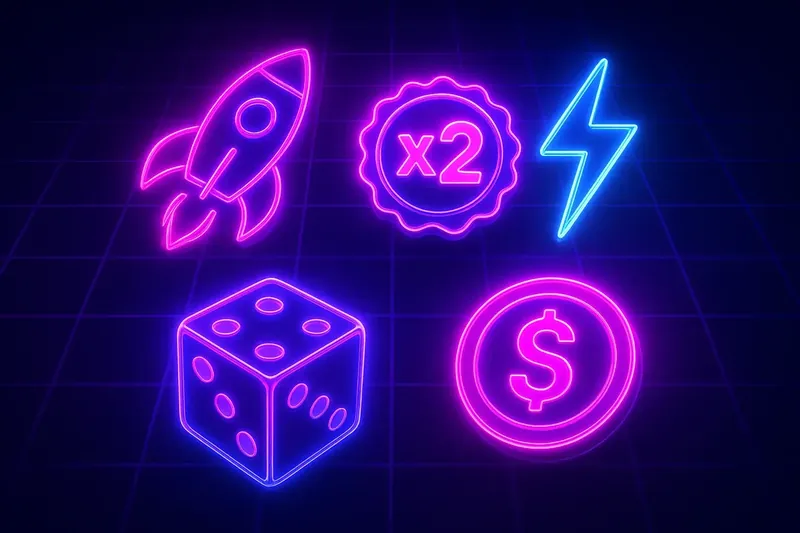 Neon Game Icons Glowing instant game icons with rocket, dice, coin, and lightning
