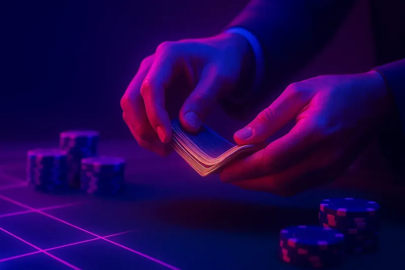 Dealer Shuffling Cards Close-up dealer hands shuffling cards above green felt with premium chips